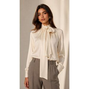 Rodebjer Rorie cupro vegan silk Tie Neck Blouse Cream Bow Blouse Quiet Luxury Mi